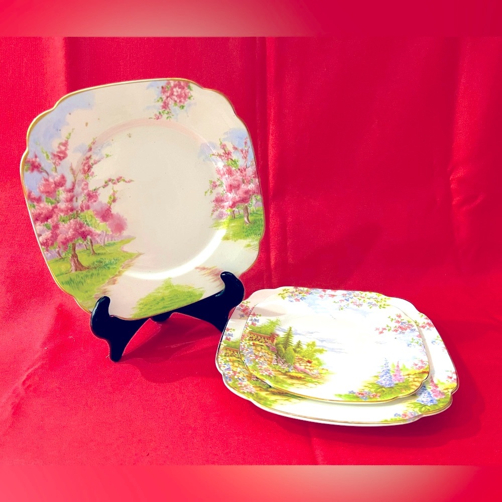 3pc Vintage Royal Albert Bone China Blossom Time Square Plates. Made in England.
